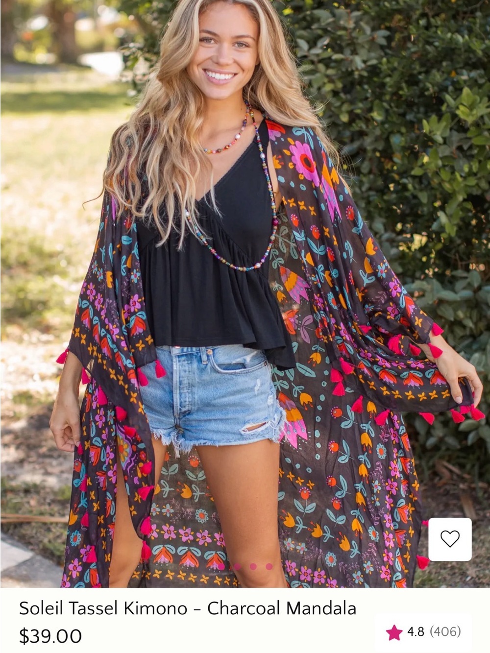 NATURAL LIFE Charcoal Kimono with Pink  Tassels
